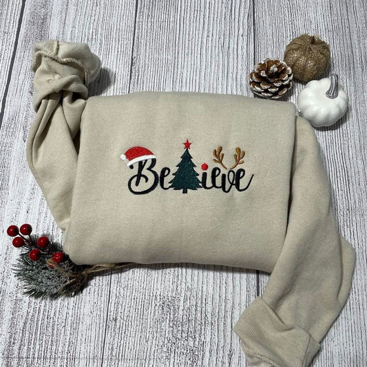 Believe Christmas Embroidery Sweatshirt, Women's Embroidered Sweatshirts