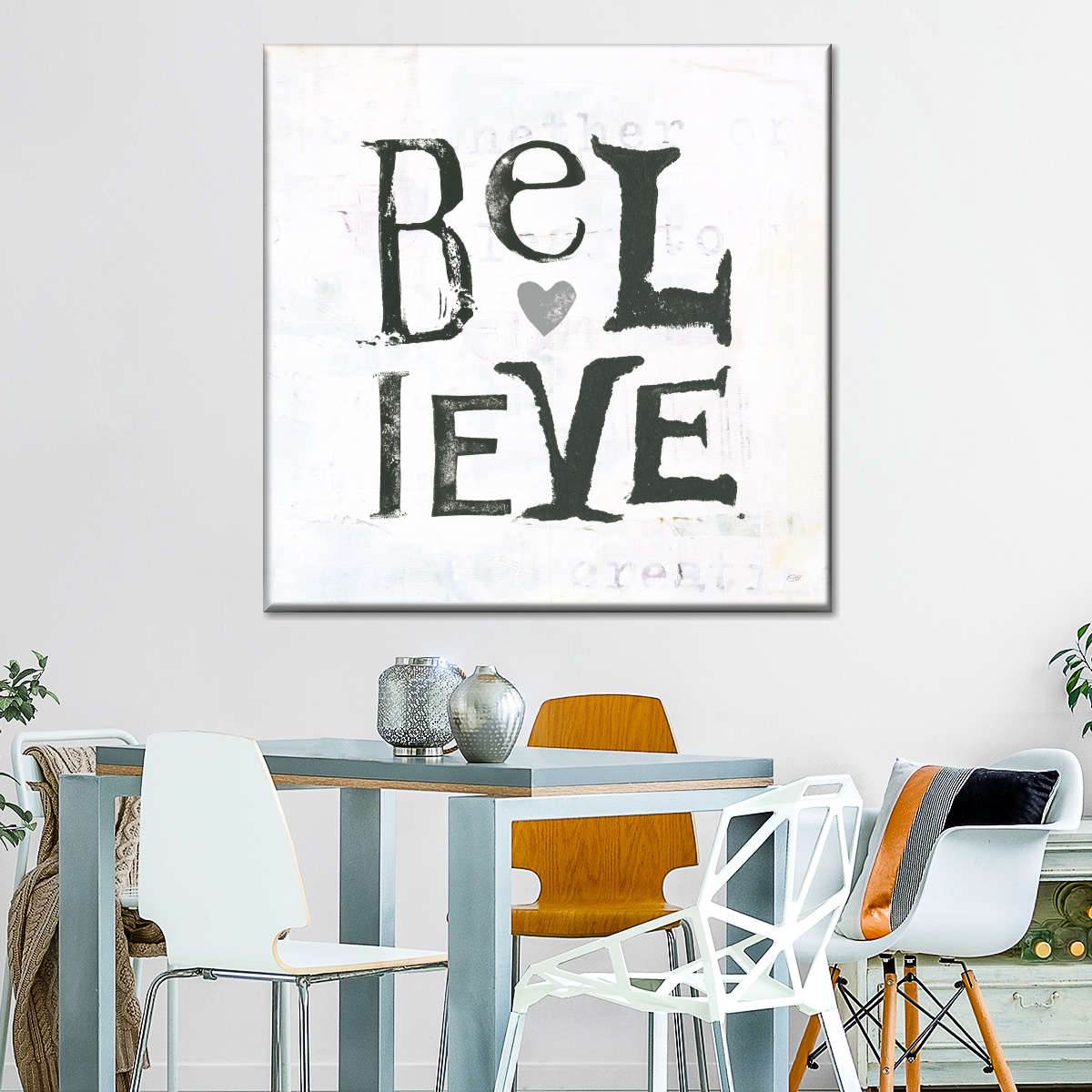 Believe Gray Hearts Square Canvas Wall Art - Bible Verse Wall Art Canvas - Religious Wall Hanging