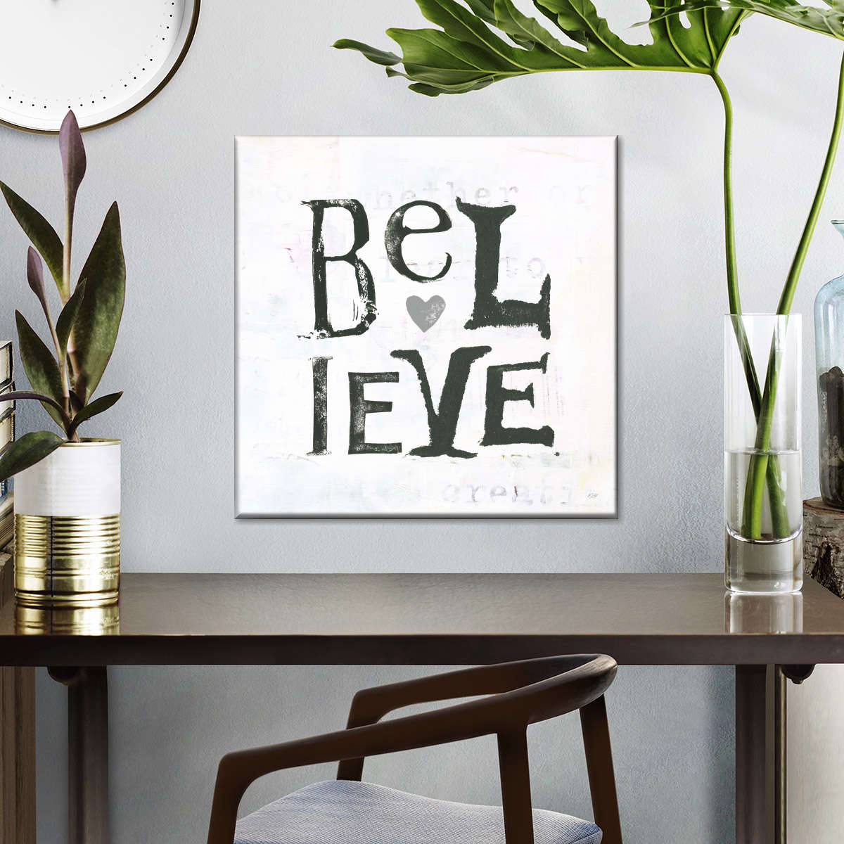 Believe Gray Hearts Square Canvas Wall Art - Bible Verse Wall Art Canvas - Religious Wall Hanging