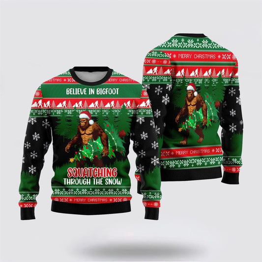 Believe In Bigfoot Squatching Through The Snow Ugly Christmas Sweater For Men, Best Gift For Christmas, Christmas Fashion Winter