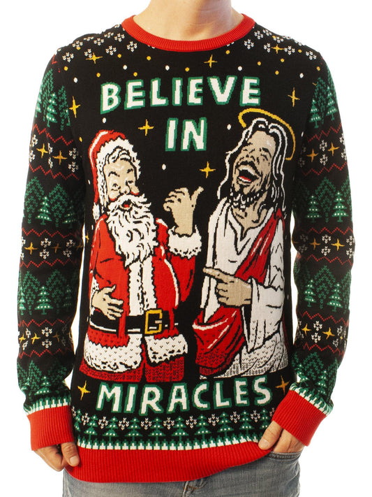 Believe In Miracles Jesus And Santa Ugly Christmas Sweater - Xmas Gifts For Him Or Her - Best Gift For Christian
