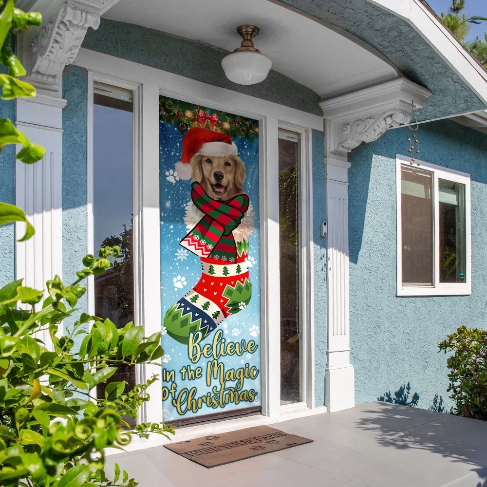 Believe In The Magic Of Christmas - Golden Retriever In Sock Door Cover - Christmas Outdoor Decoration