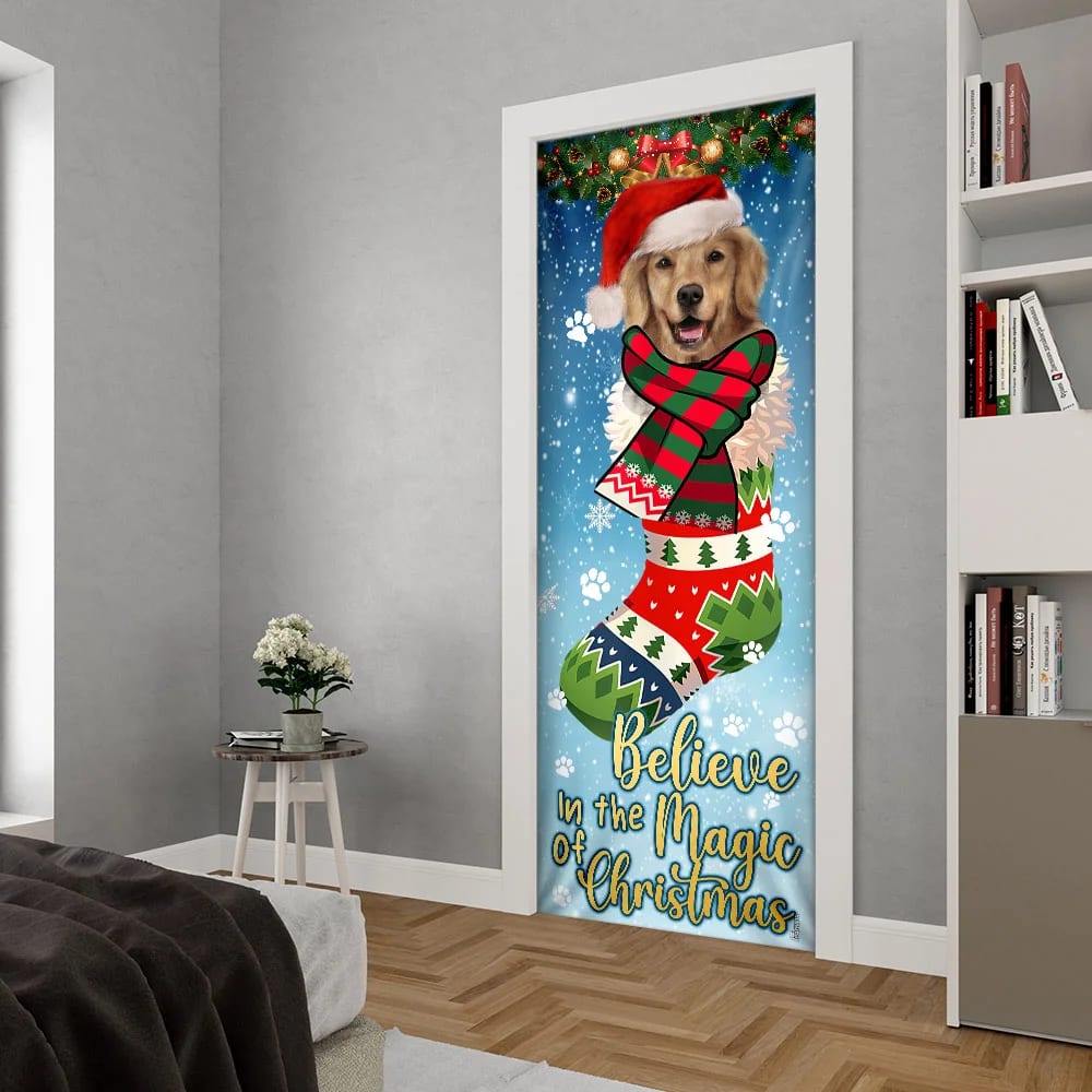Believe In The Magic Of Christmas - Golden Retriever In Sock Door Cover - Christmas Outdoor Decoration
