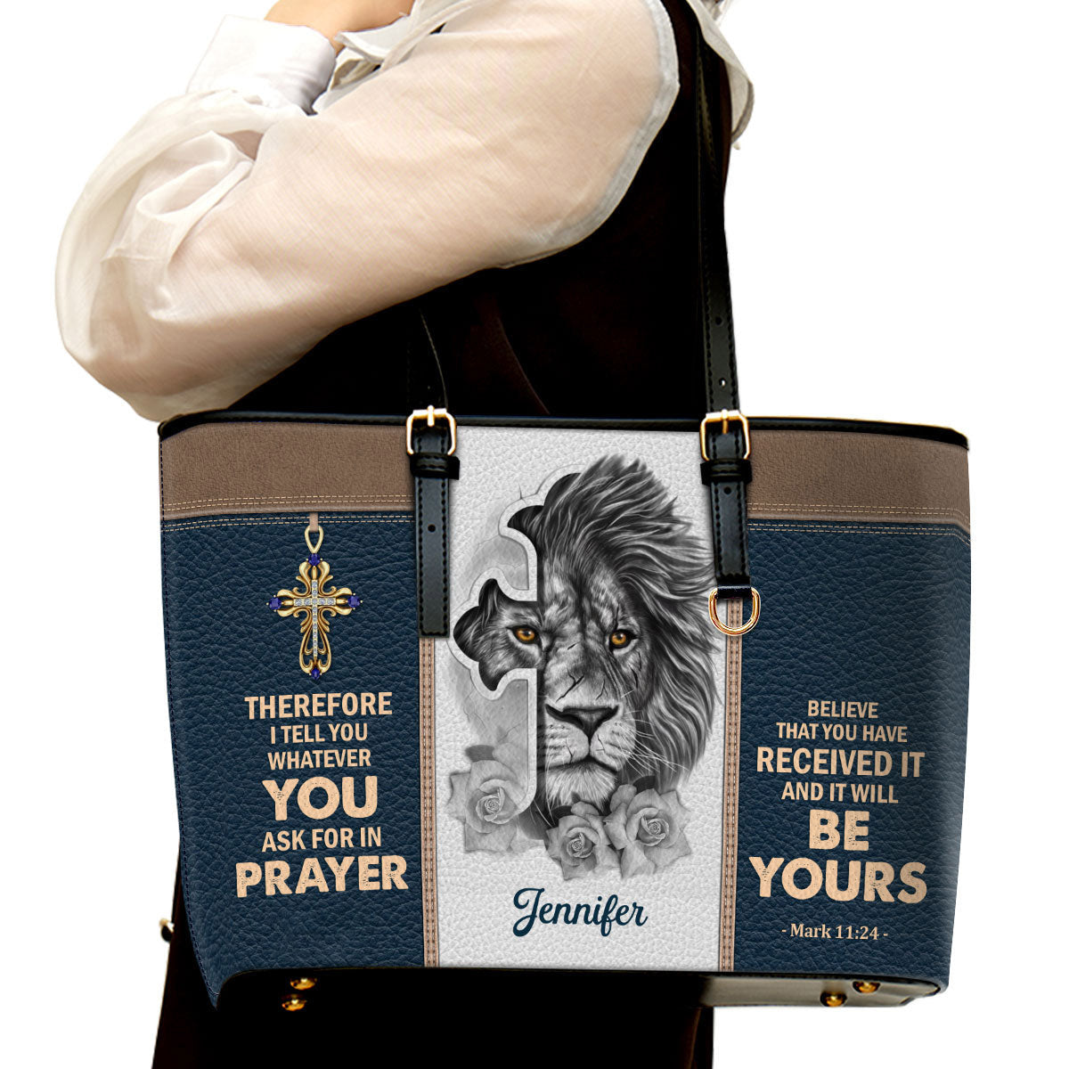 Believe That You Have Received It Personalized Large Leather Tote Bag - Christian Gifts For Women