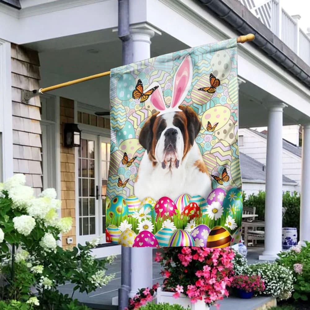 Bernard Dog Happy Easter House Flag - Easter Garden Flag - Easter Outdoor Decor