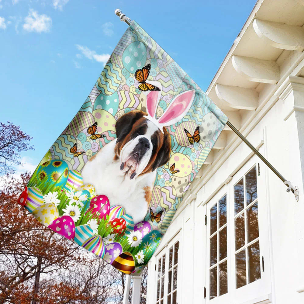 Bernard Dog Happy Easter House Flag - Easter Garden Flag - Easter Outdoor Decor