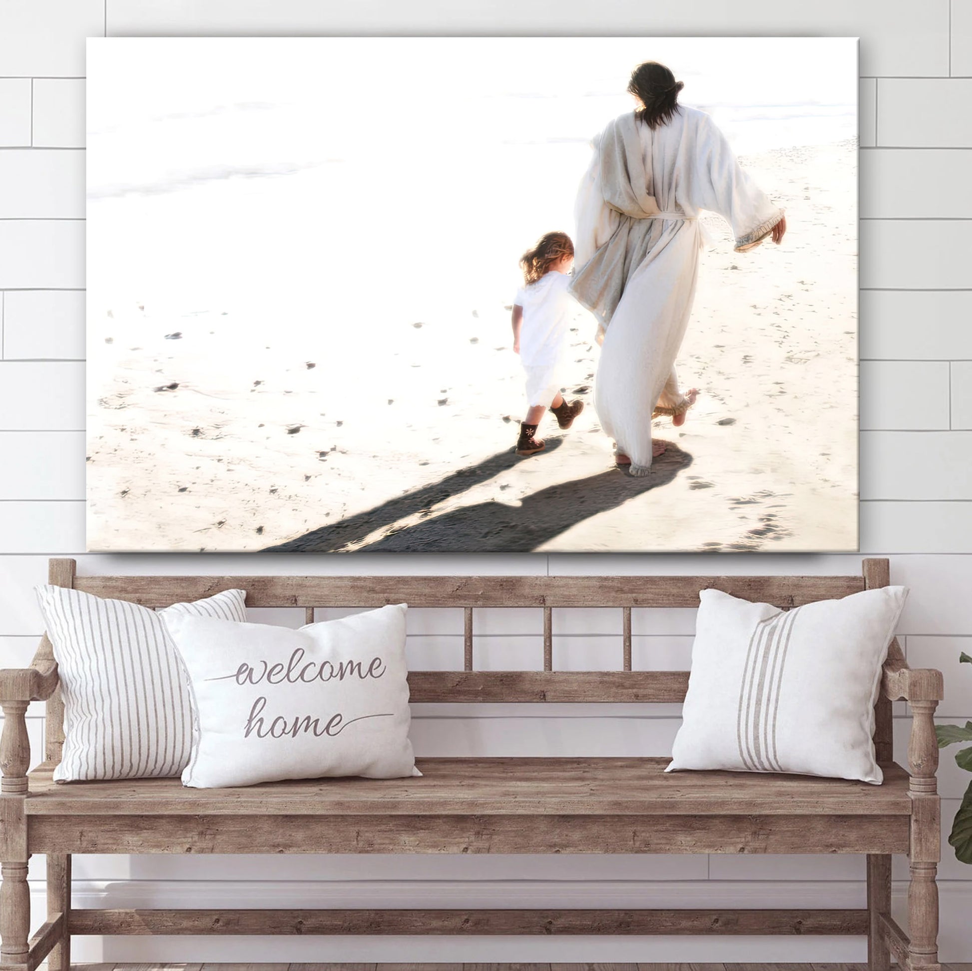 Jesus And Little Girl Walking On The Beach Canvas Wall Art