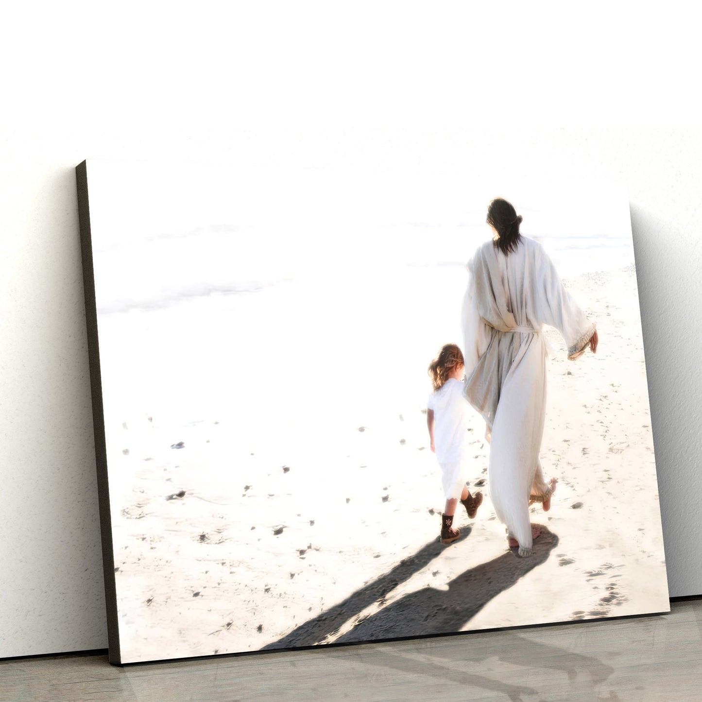 Jesus And Little Girl Walking On The Beach Canvas Wall Art