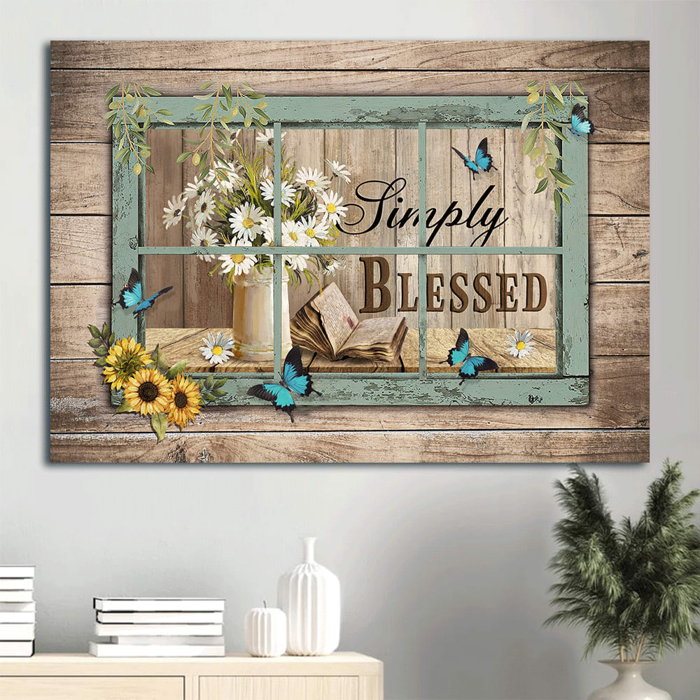 Bible Book Daisy Flowers Sunflower Simply Blessed Canvas Wall Art - Christian Wall Decor