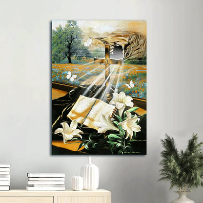 Bible Book Lily Flowers Golden Cross White Butterfly Canvas Wall Art - Christian Gift
