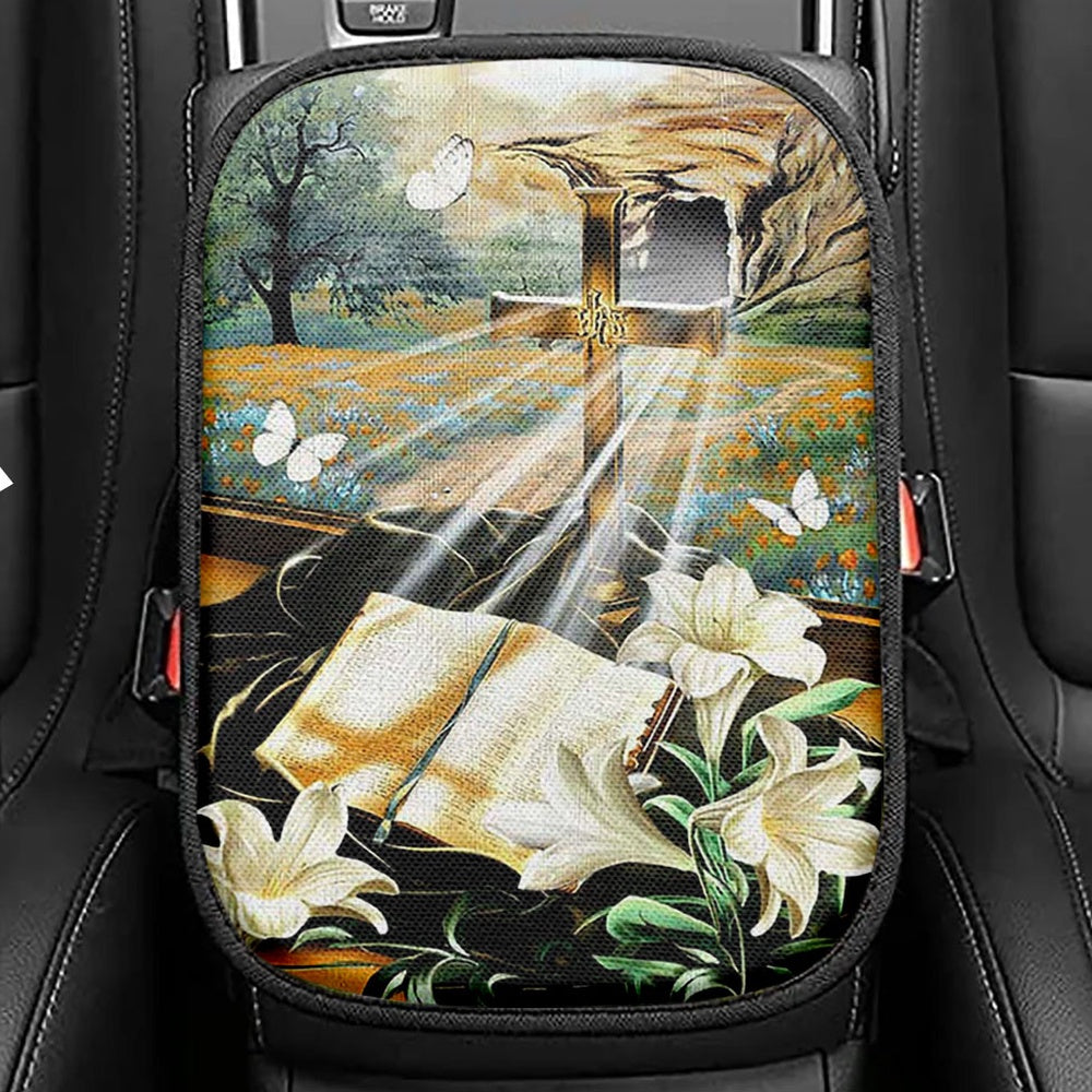 Bible Book Lily Flowers Golden Cross White Butterfly Seat Box Cover, Bible Verse Car Center Console Cover, Inspirational Car Interior Accessories