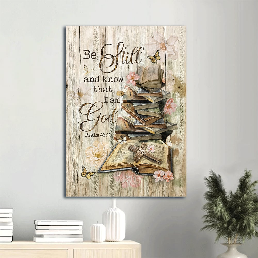 Bible Books Old Rugged Cross Camelia Flowers Be Still I Am God Canvas Wall Art - Christian Gift