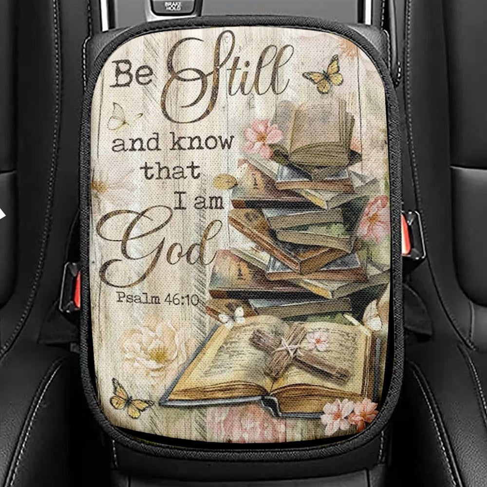 Bible Books, Old Rugged Cross, Camelia Flowers, Be Still I Am God Car Center Console Cover, Christian Armrest Seat Cover, Bible Seat Box Cover
