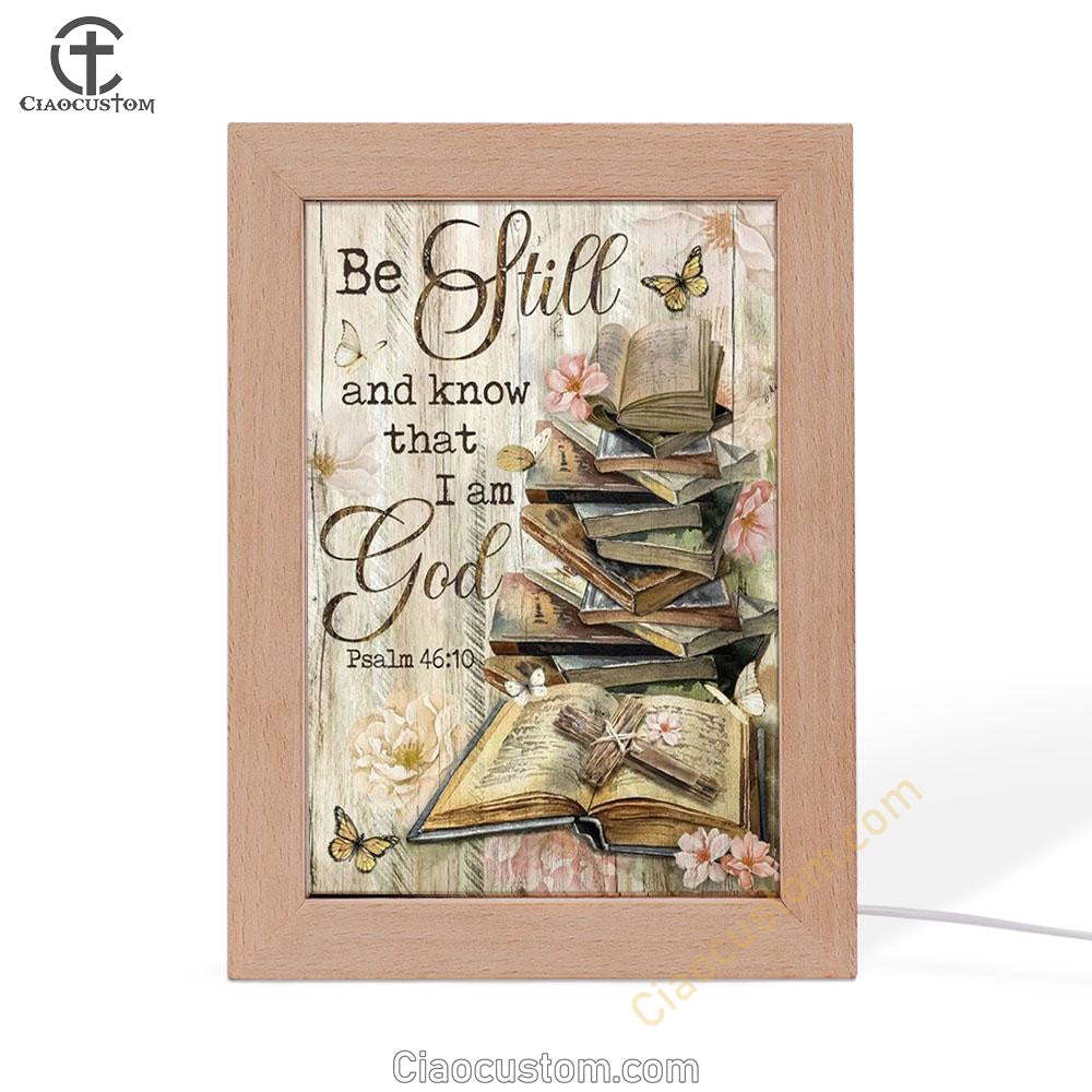 Bible Books, Old Rugged Cross, Camelia Flowers, Be Still I Am God Frame Lamp