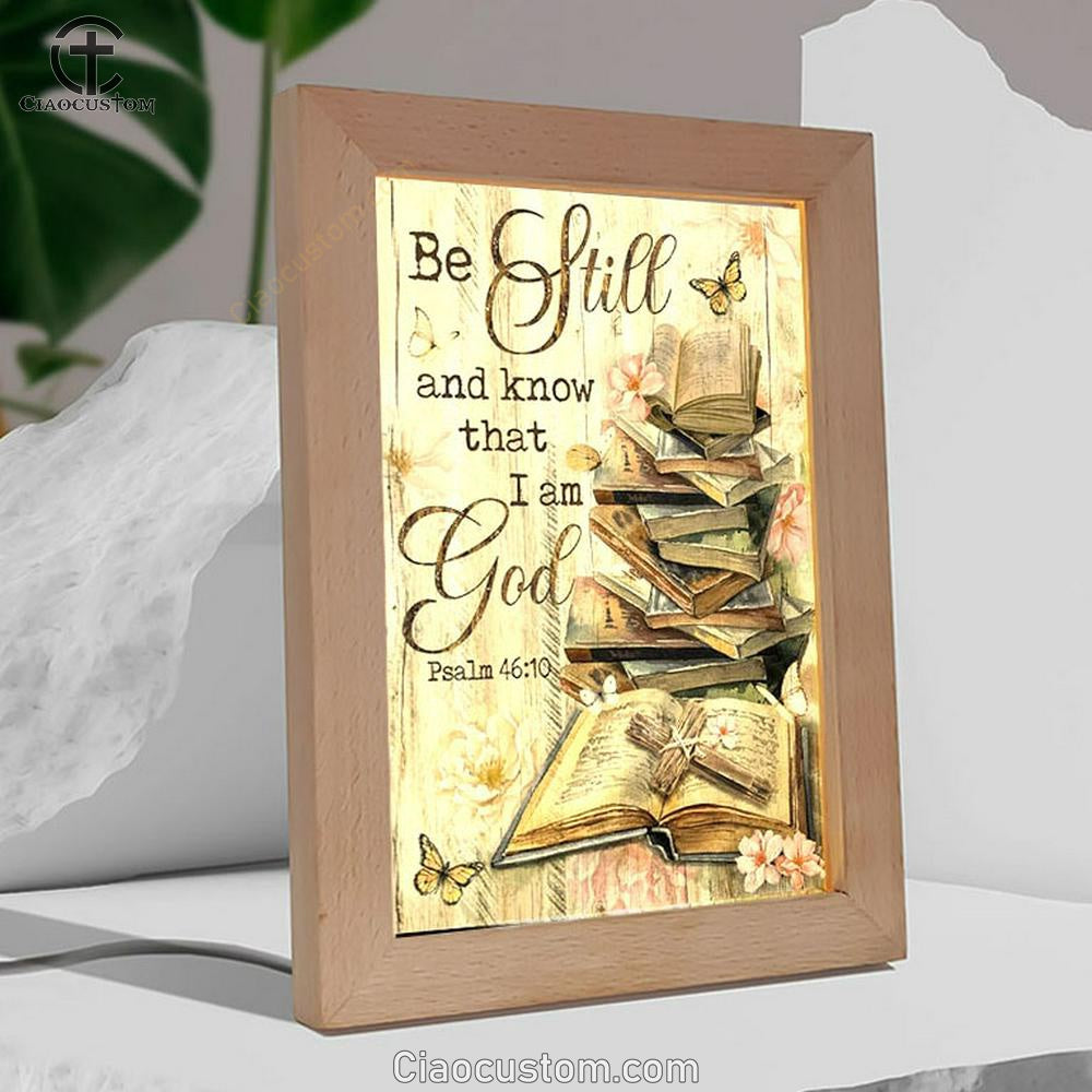 Bible Books, Old Rugged Cross, Camelia Flowers, Be Still I Am God Frame Lamp