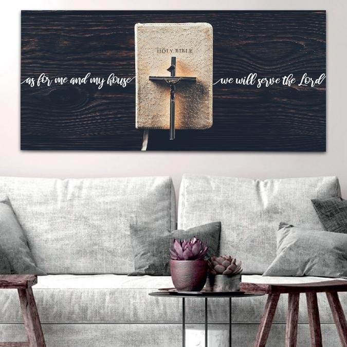 Bible & Cross As For Me And My House We Will Serve The Lord 1 Wall Art - Christian Canvas Wall Art