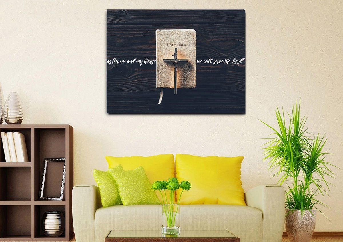 Bible & Cross As For Me And My House We Will Serve The Lord 1 Wall Art - Christian Canvas Wall Art