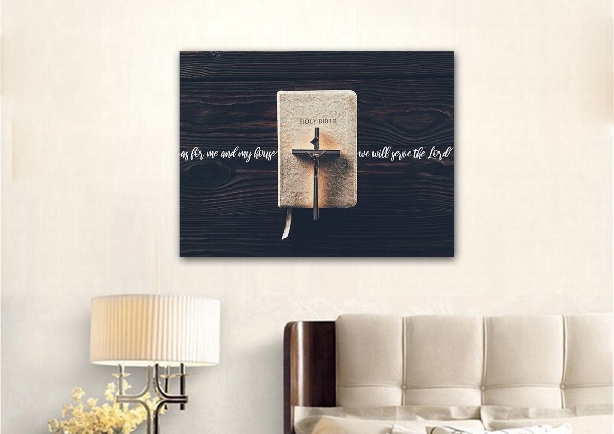 Bible & Cross As For Me And My House We Will Serve The Lord 1 Wall Art - Christian Canvas Wall Art