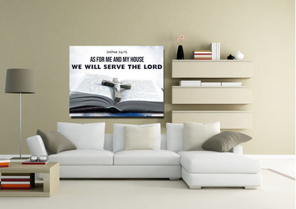 Bible & Cross As For Me And My House We Will Serve The Lord 2 Wall Art - Christian Canvas Wall Art