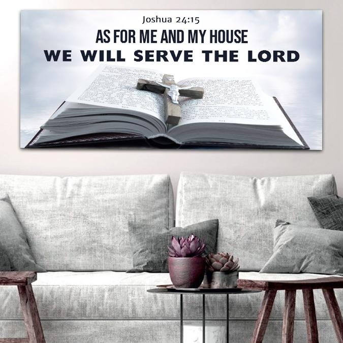 Bible & Cross As For Me And My House We Will Serve The Lord 2 Wall Art - Christian Canvas Wall Art