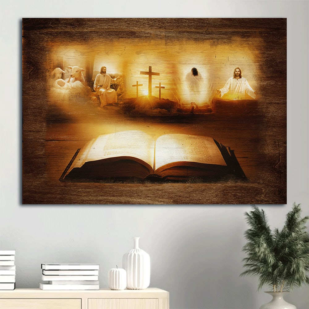 Bible Jesus Christ Cross Symbol The Lamb Of God Light From Heaven Canvas Wall Art - Christian Wall Decor