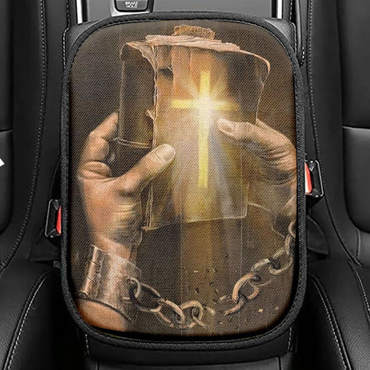 Bible, Jesus Hands, Light Cross Car Center Console Cover, Christian Armrest Seat Cover, Bible Seat Box Cover