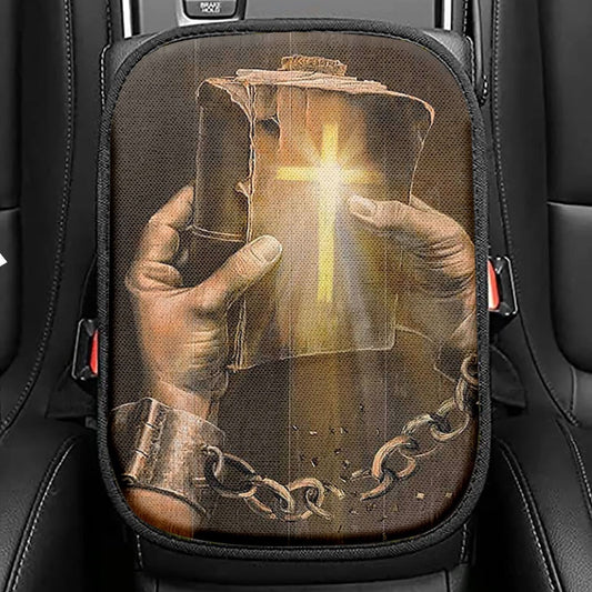 Bible Jesus Hands Light Cross Seat Box Cover, Bible Verse Car Center Console Cover, Inspirational Car Interior Accessories