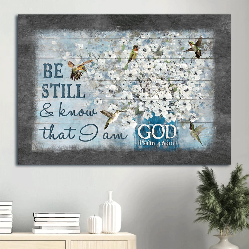 Bible Verse Hummingbird Painting White Flowers Be Still & Know That I Am God Canvas Wall Art - Christian Wall Decor
