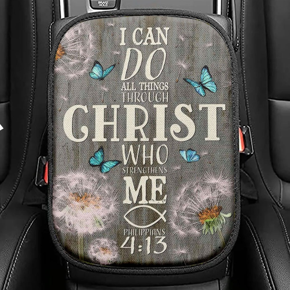 Bible Verse I Can Do All Things Through Christ Dandelion Seat Box Cover, Bible Verse Car Center Console Cover, Scripture Car Interior Accessories