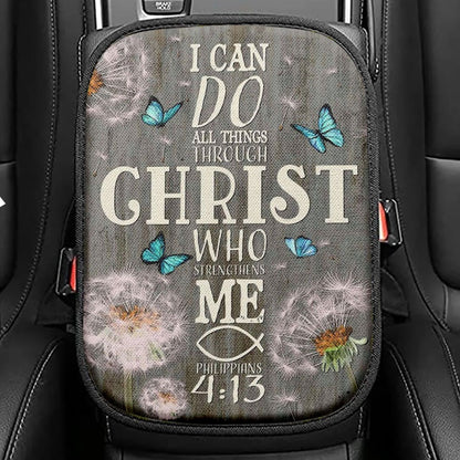 Bible Verse I Can Do All Things Through Christ Dandelion Seat Box Cover, Bible Verse Car Center Console Cover, Scripture Car Interior Accessories