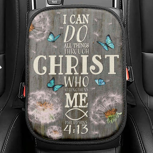 Bible Verse I Can Do All Things Through Christ Dandelion Seat Box Cover, Bible Verse Car Center Console Cover, Scripture Car Interior Accessories