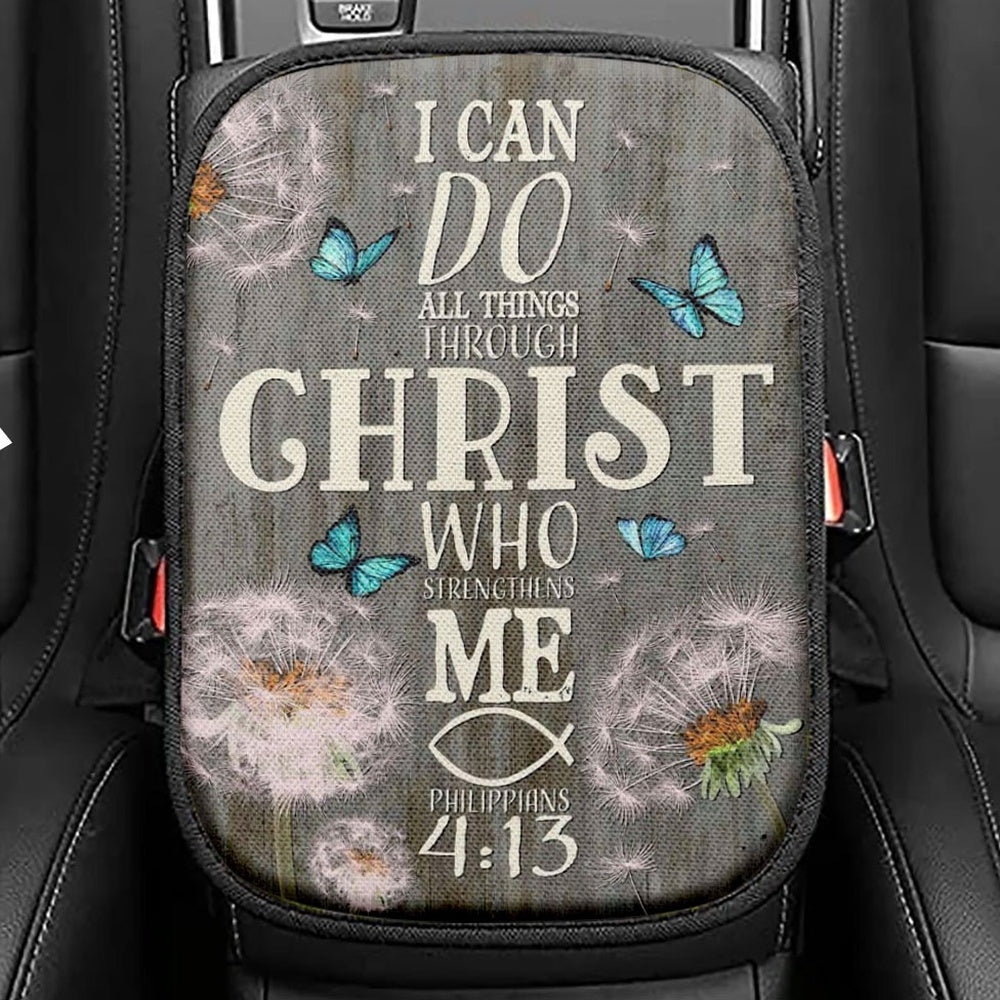 Bible Verse I Can Do All Things Through Christ Dandelion Seat Box Cover, Bible Verse Car Center Console Cover, Scripture Interior Car Accessories