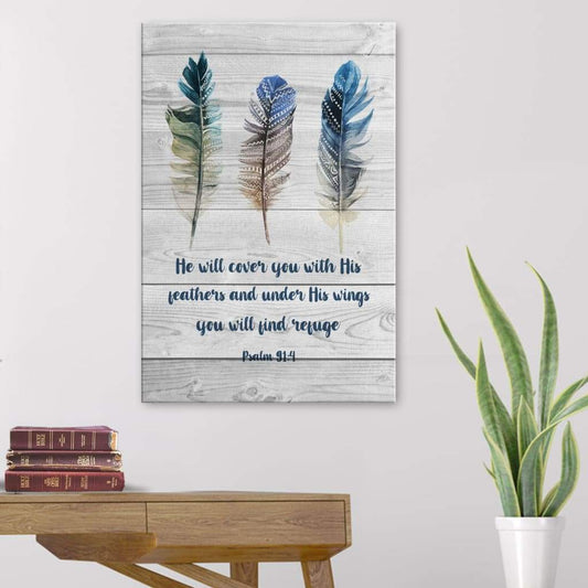 Bible Verse Psalm 914 He Will Cover You With His Feathers Canvas Art - Bible Verse Canvas - Scripture Wall Art