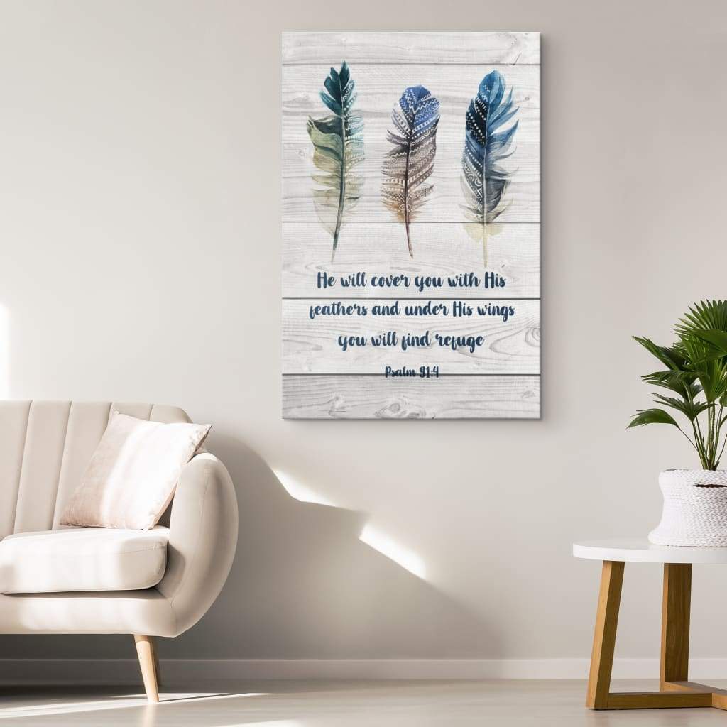 Bible Verse Psalm 914 He Will Cover You With His Feathers Canvas Art - Bible Verse Canvas - Scripture Wall Art