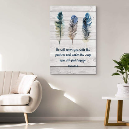 Bible Verse Psalm 914 He Will Cover You With His Feathers Canvas Art - Bible Verse Canvas - Scripture Wall Art