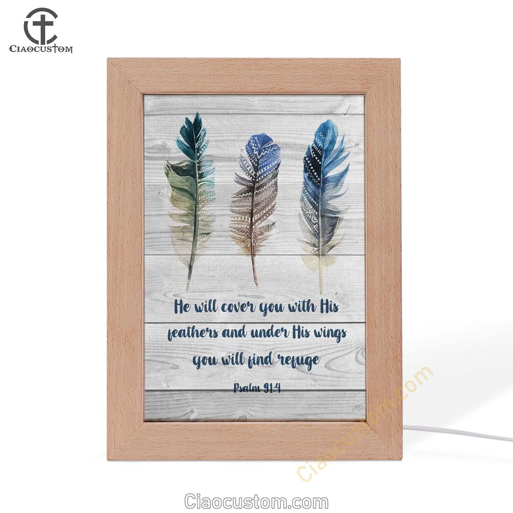 Bible Verse Psalm 914 He Will Cover You With His Feathers Frame Lamp Prints - Bible Verse Wooden Lamp - Scripture Night Light