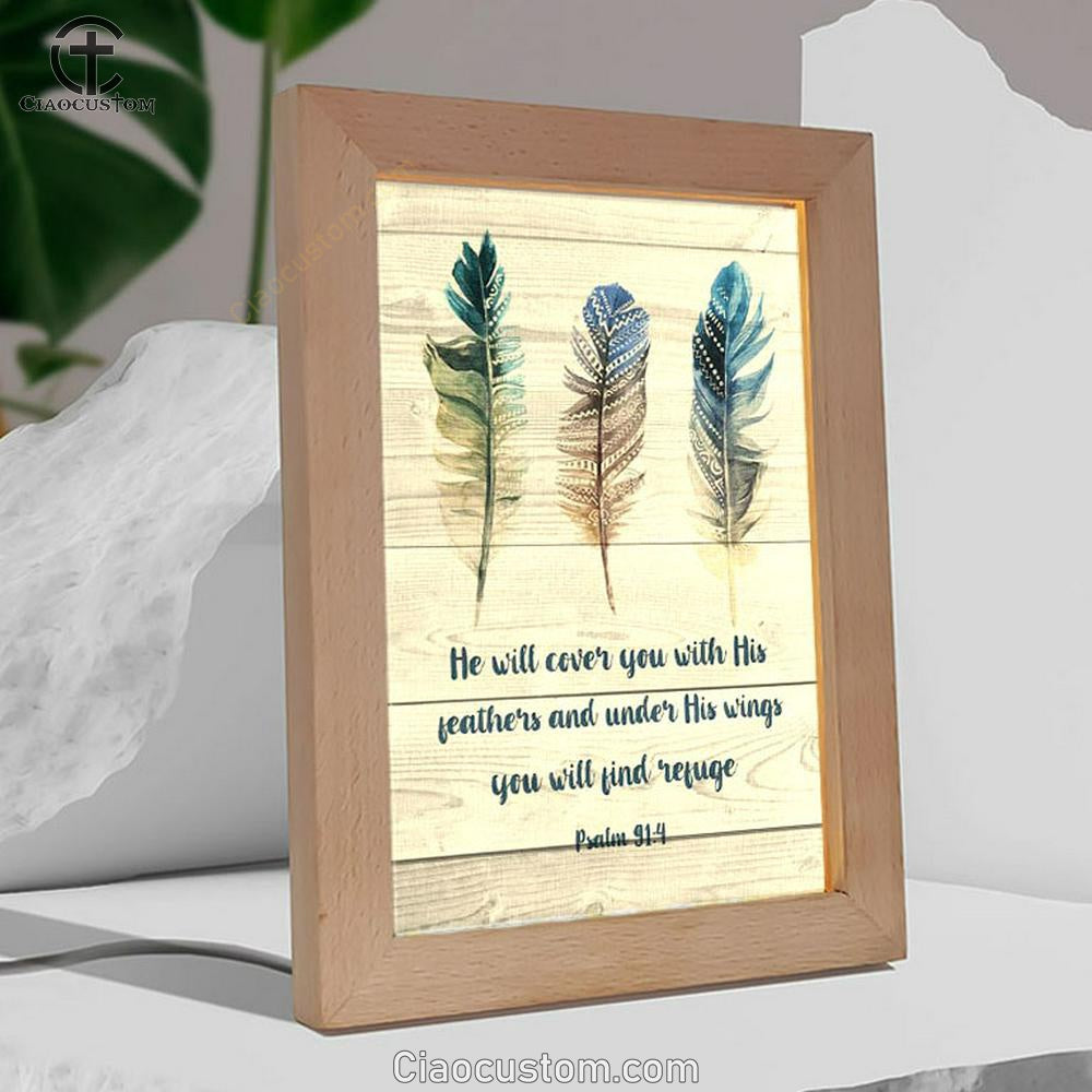 Bible Verse Psalm 914 He Will Cover You With His Feathers Frame Lamp Prints - Bible Verse Wooden Lamp - Scripture Night Light