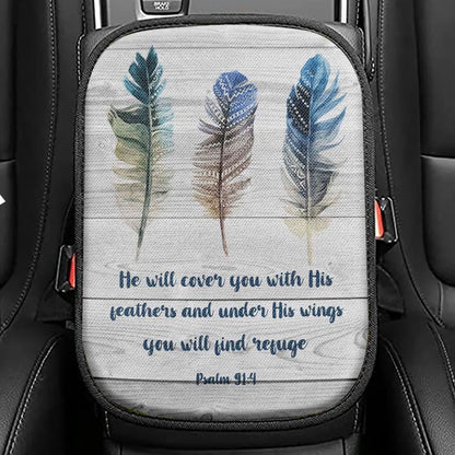 Bible Verse Psalm 914 He Will Cover You With His Feathers Seat Box Cover, Bible Verse Car Center Console Cover, Scripture Car Interior Accessories