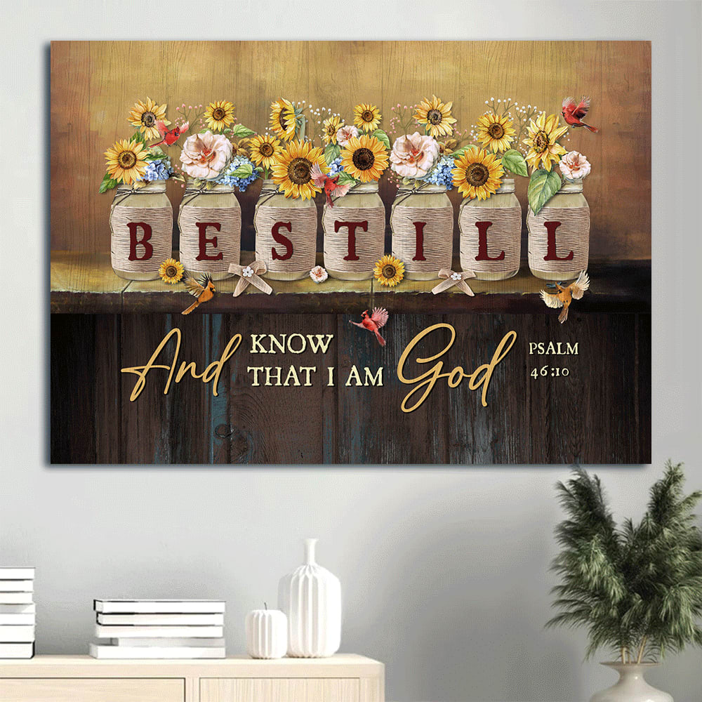 Bible Verse Sunflower Jars Red Cardinal Be Still And Know That I Am God Canvas Wall Art - Christian Wall Decor