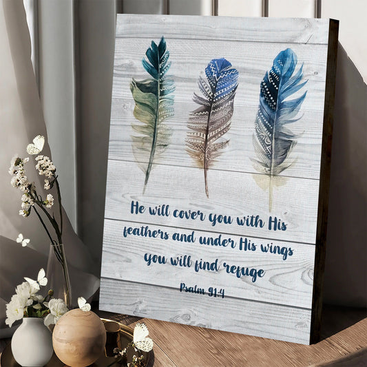 Bible Verse Wall Art Psalm 914 He Will Cover You With His Feathers Canvas Print