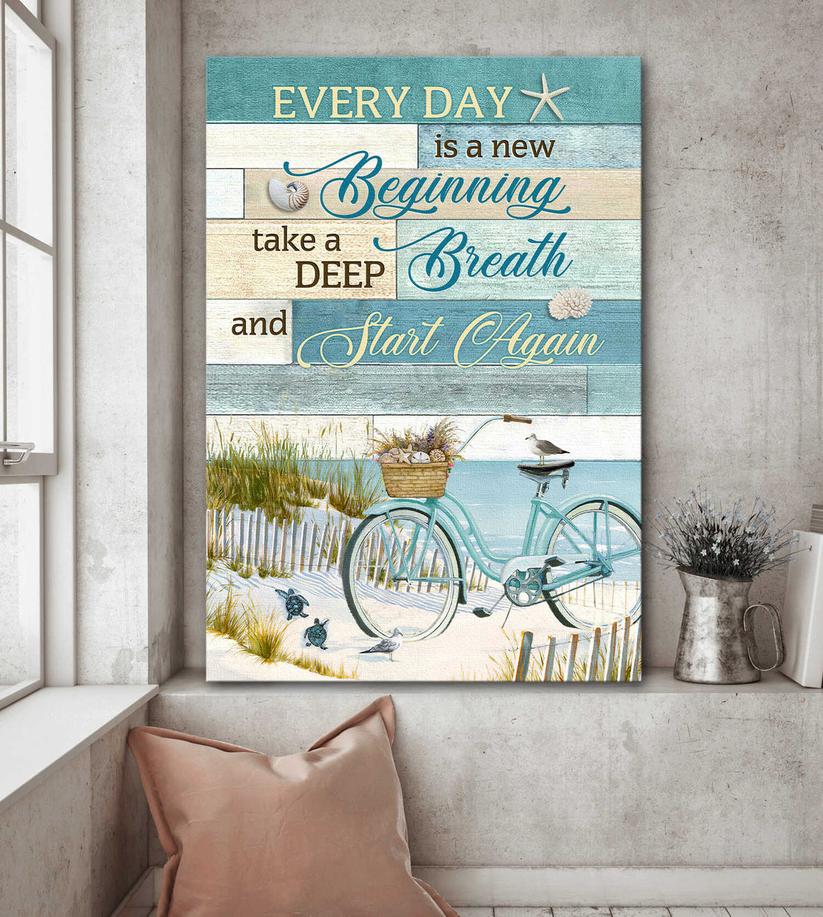Bicycle By The Beach Every Day Is A New Beginning Canvas Wall Art - Christian Gift