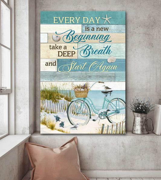 Bicycle By The Beach Every Day Is A New Beginning Canvas Wall Art - Christian Gift