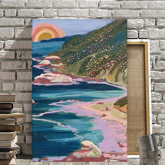Big Sur California Wrapped Canvas, Colorful Travel Poster, San Francisco Beach Coastal Decor, Pacific Highway Landscape, Poppies Rainbow Ocean