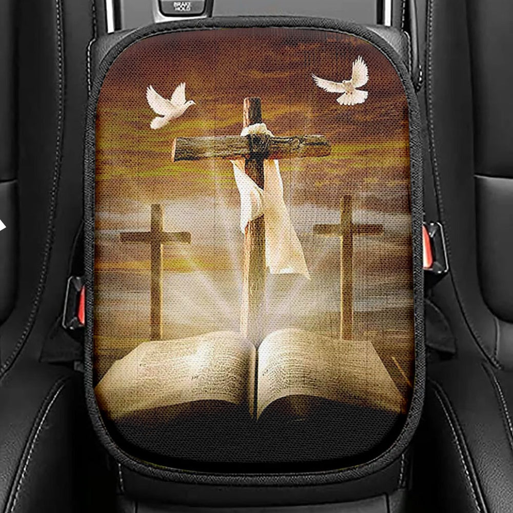 Big Cross Amazing Halo Bible White Dove Seat Box Cover, Bible Verse Car Center Console Cover, Inspirational Car Interior Accessories