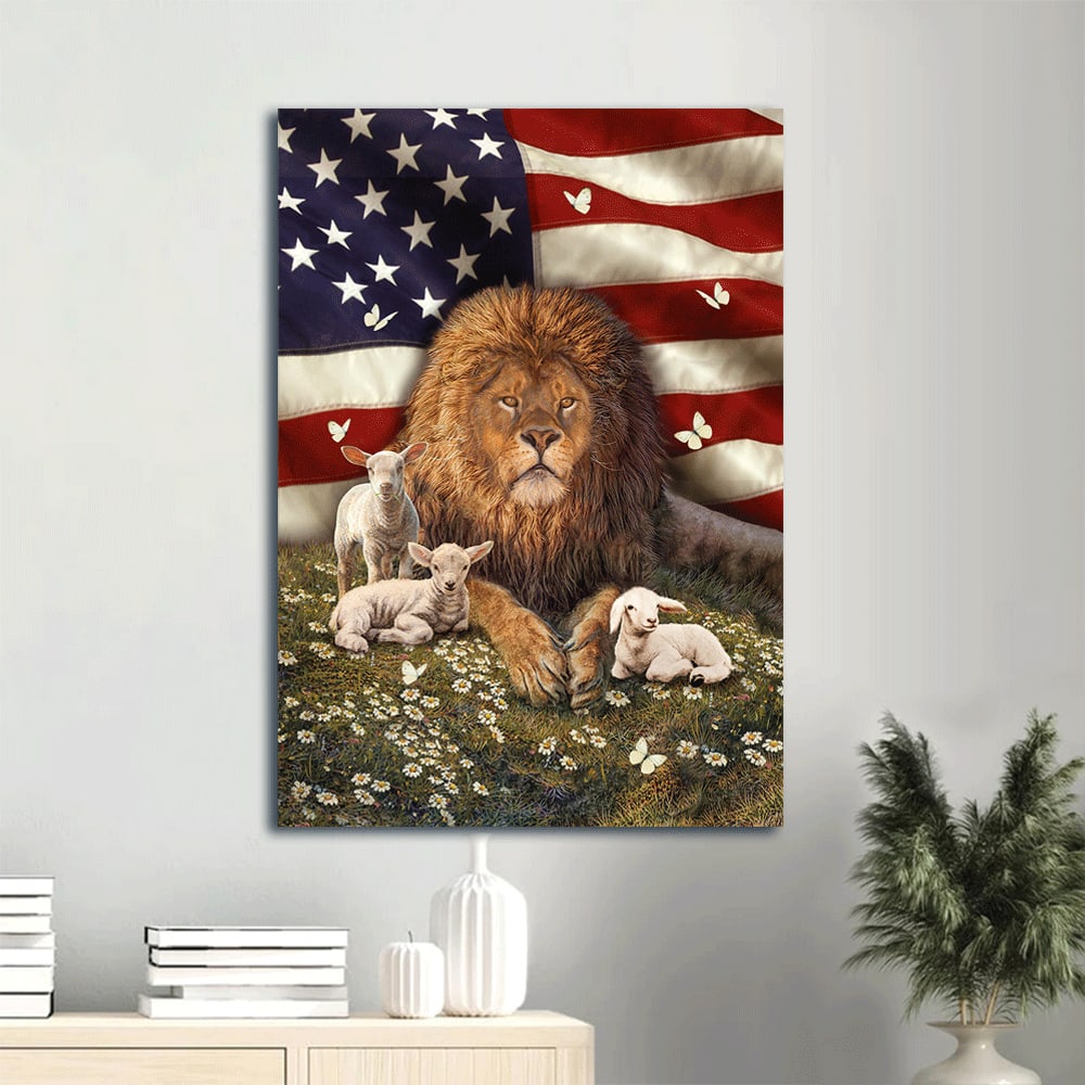 Big Lion Drawing, Little Lamb Artwork, Us , Daisy Garden Jesus Canvas Wall Art - Christian Gift