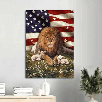 Big Lion Drawing, Little Lamb Artwork, Us , Daisy Garden Jesus Canvas Wall Art - Christian Gift