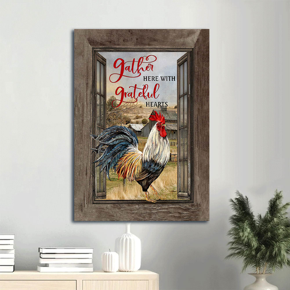 Big Rooster Chicken Meadow Land Painting Antique Window Gather Here With Grateful Hearts Canvas Wall Art - Christian Gift
