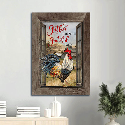 Big Rooster Chicken Meadow Land Painting Antique Window Gather Here With Grateful Hearts Canvas Wall Art - Christian Gift