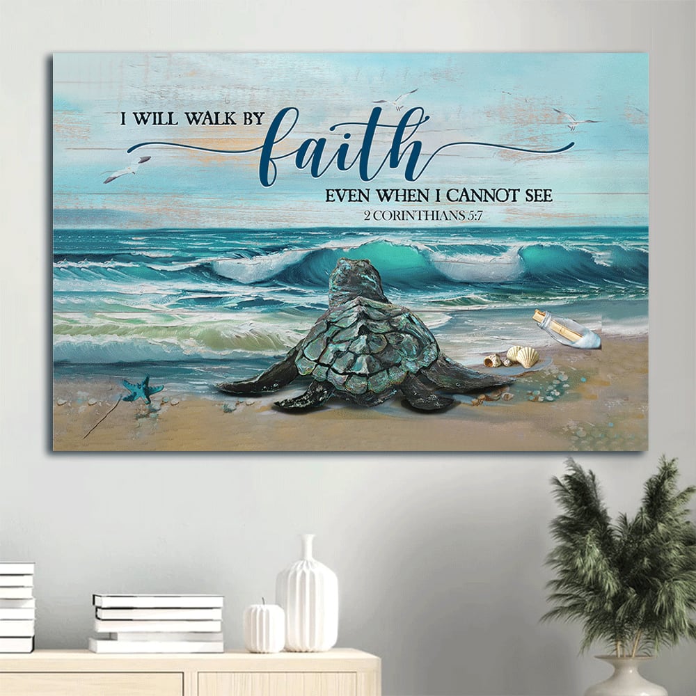 Big Sea Turtle Blue Ocean Drawing Seagull I Will Walk By Faith Even When I Cannot See Canvas Wall Art - Christian Wall Decor