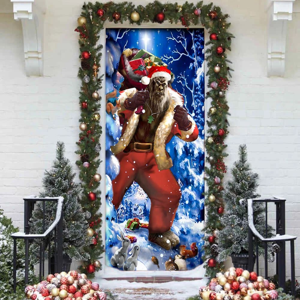 Bigfoot Door Cover Christmas Forest Decor - Front Door Christmas Cover - Christmas Outdoor Decoration